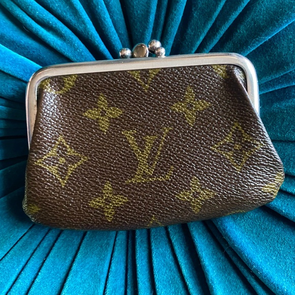 VTG Louis Vuitton Brown Leather Monogram 2 Compartmnt KissLock Coin Purse Wallet - Picture 1 of 15
